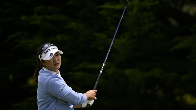 Jul 9, 2023; Pebble Beach, California, USA; Hae Ran Ryu tees off on the third hole during the final round of the U.S. Women's Open golf tournament at Pebble Beach Golf Links. Mandatory Credit: Kelvin Kuo-USA TODAY Sports