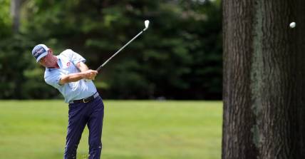 Harrison Frazar sends his tee shot down to the No. 7 green during the second round of the 2023 Kaulig Companies Championship at Firestone Country Club, Friday, July 14, 2023, in Akron, Ohio.