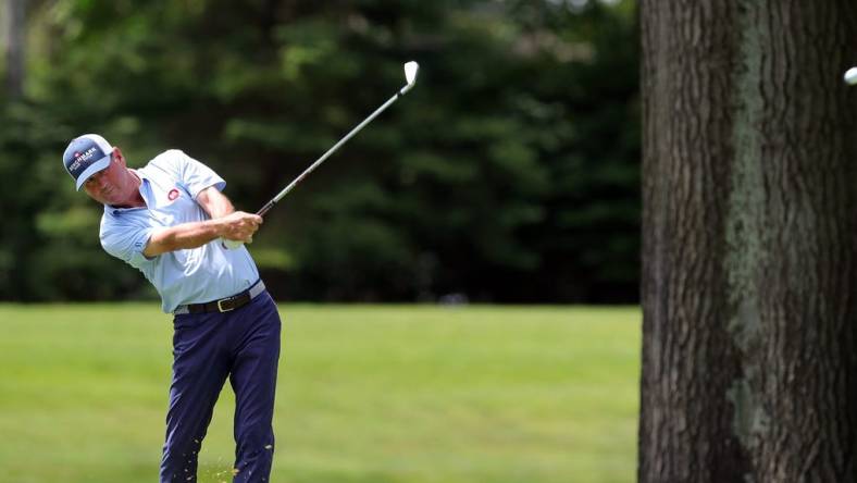 Harrison Frazar sends his tee shot down to the No. 7 green during the second round of the 2023 Kaulig Companies Championship at Firestone Country Club, Friday, July 14, 2023, in Akron, Ohio.