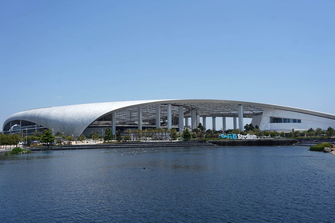 Jul 16, 2023; Inglewood, California, USA; A general overall view of SoFi Stadium, the site of the 2023 CONCACAF Gold Cup Final between Panama and Mexico.  Mandatory Credit: Kirby Lee-USA TODAY Sports