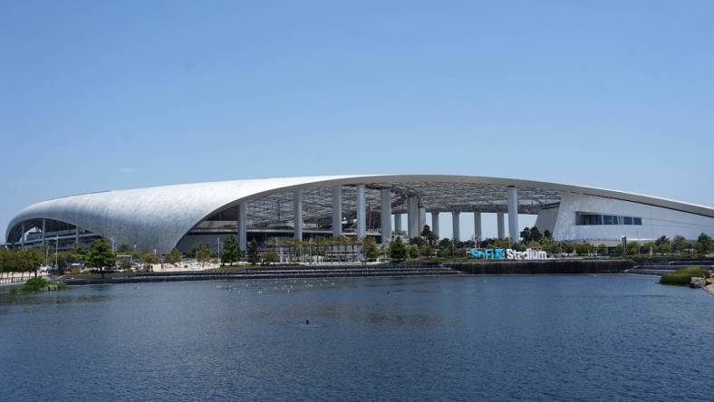 Jul 16, 2023; Inglewood, California, USA; A general overall view of SoFi Stadium, the site of the 2023 CONCACAF Gold Cup Final between Panama and Mexico.  Mandatory Credit: Kirby Lee-USA TODAY Sports