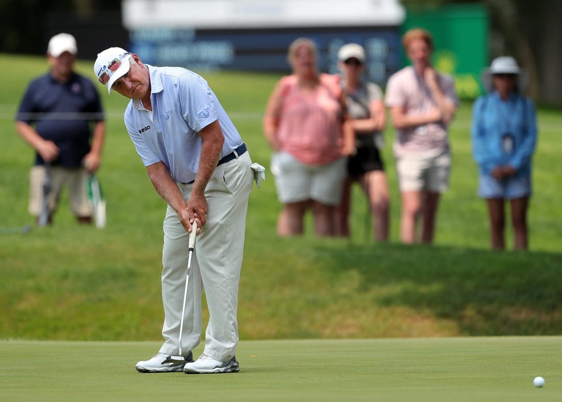 Scott Parel putts on the No. 7 green during the final round of the 2023 Kaulig Companies Championship at Firestone Country Club, Sunday, July 16, 2023, in Akron, Ohio.