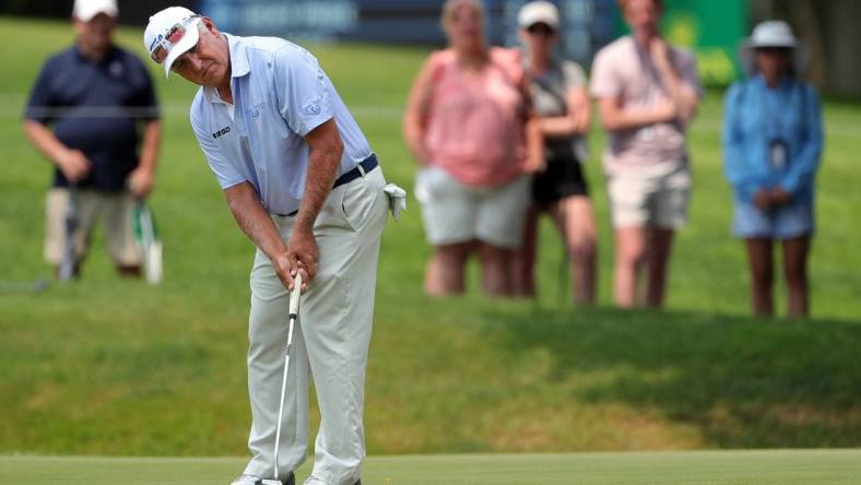 Scott Parel putts on the No. 7 green during the final round of the 2023 Kaulig Companies Championship at Firestone Country Club, Sunday, July 16, 2023, in Akron, Ohio.