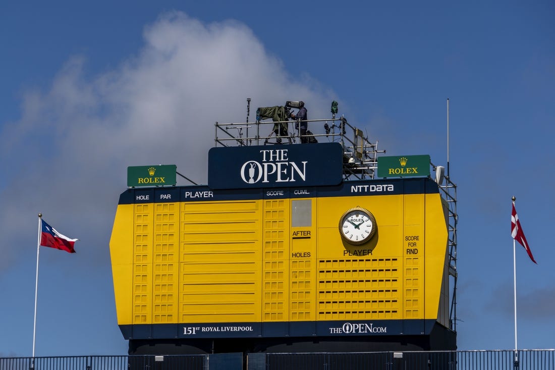 July 19, 2023; Hoylake, ENGLAND, GBR; General view of the leaderboard on the 18th grandstand during a practice round of The Open Championship golf tournament at Royal Liverpool. Mandatory Credit: Kyle Terada-USA TODAY Sports