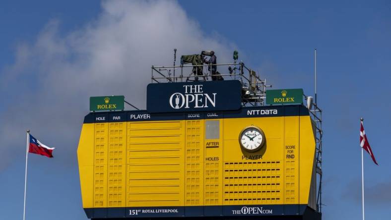 July 19, 2023; Hoylake, ENGLAND, GBR; General view of the leaderboard on the 18th grandstand during a practice round of The Open Championship golf tournament at Royal Liverpool. Mandatory Credit: Kyle Terada-USA TODAY Sports