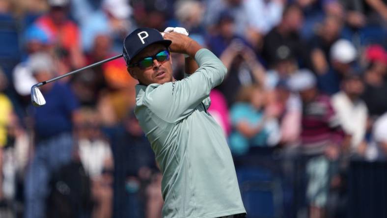 July 20, 2023; Hoylake, ENGLAND, GBR; Rickie Fowler plays his shot from the fourth tee during the first round of The Open Championship golf tournament at Royal Liverpool. Mandatory Credit: Kyle Terada-USA TODAY Sports