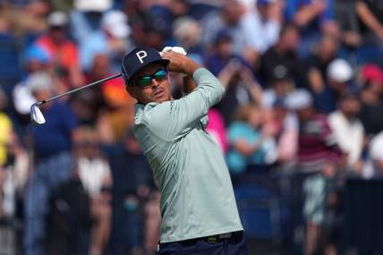 July 20, 2023; Hoylake, ENGLAND, GBR; Rickie Fowler plays his shot from the fourth tee during the first round of The Open Championship golf tournament at Royal Liverpool. Mandatory Credit: Kyle Terada-USA TODAY Sports