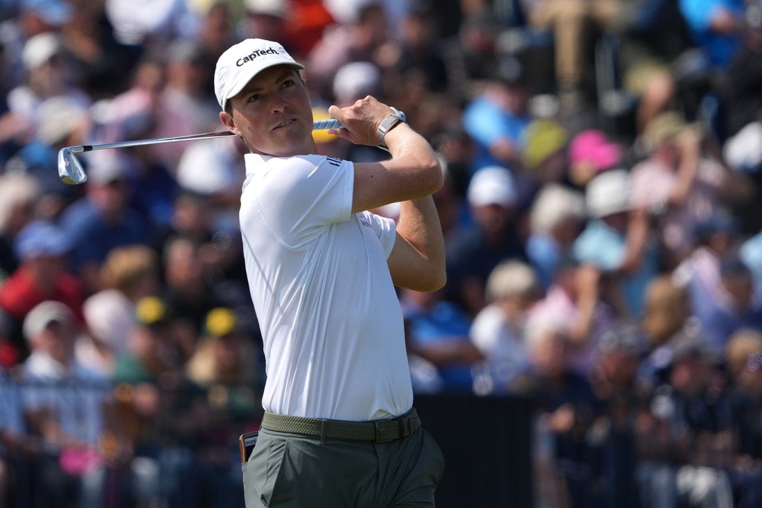 July 20, 2023; Hoylake, England, GBR; Ben Griffin plays his shot from the fourth tee during the first round of The Open Championship golf tournament at Royal Liverpool. Mandatory Credit: Kyle Terada-USA TODAY Sports