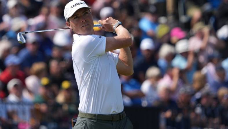 July 20, 2023; Hoylake, England, GBR; Ben Griffin plays his shot from the fourth tee during the first round of The Open Championship golf tournament at Royal Liverpool. Mandatory Credit: Kyle Terada-USA TODAY Sports