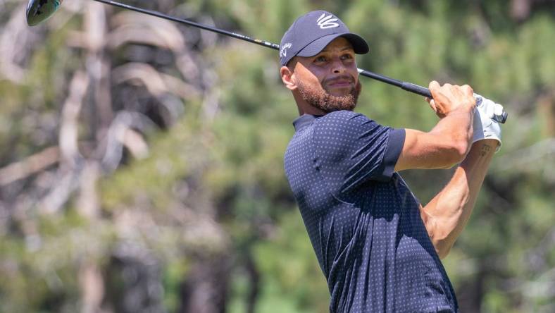 Stephen Curry hits atee shot on the 18th hole during the final round of the American Century Celebrity Championship golf tournament at Edgewood Tahoe Golf Course in Stateline, Nev., Sunday, July 16, 2023.