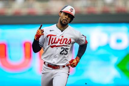 Jul 21, 2023; Minneapolis, Minnesota, USA; Minnesota Twins designated hitter Byron Buxton (25) celebrates hitting a solo home run against the Chicago White Sox in the fourth inning at Target Field. Mandatory Credit: Jesse Johnson-USA TODAY Sports