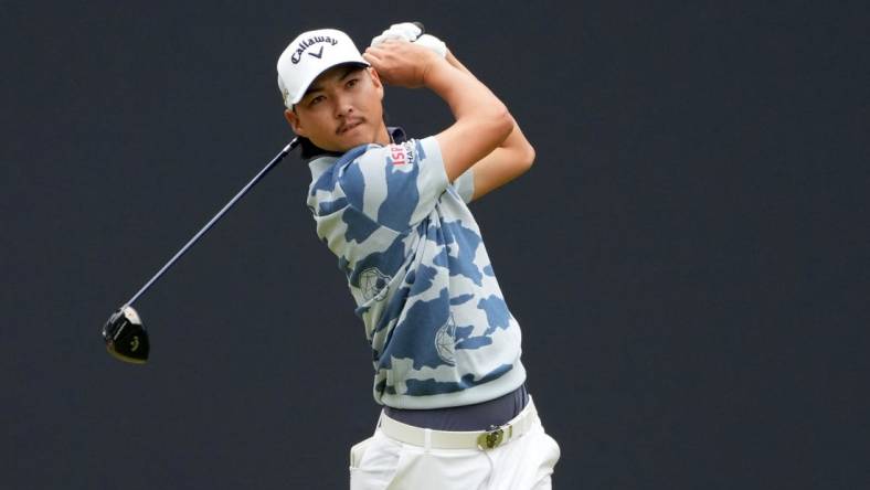 Jul 22, 2023; Hoylake, ENGLAND, GBR; Min Woo Lee tees off on the first hole during the third round of The Open Championship golf tournament at Royal Liverpool. Mandatory Credit: Kyle Terada-USA TODAY Sports