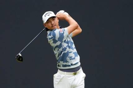 Jul 22, 2023; Hoylake, ENGLAND, GBR; Min Woo Lee tees off on the first hole during the third round of The Open Championship golf tournament at Royal Liverpool. Mandatory Credit: Kyle Terada-USA TODAY Sports