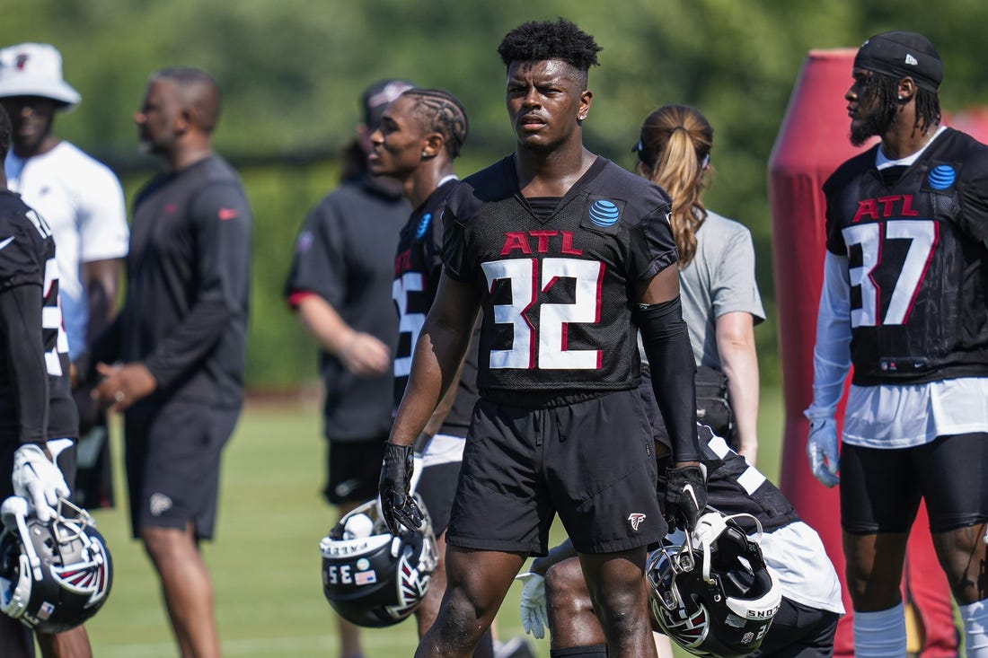 Jul 27, 2023; Flowery Branch, GA, USA;  Atlanta Falcons safety Jaylinn Hawkins (32) on the field during training camp at IBM Performance Field. Mandatory Credit: Dale Zanine-USA TODAY Sports