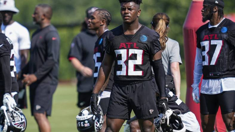 Jul 27, 2023; Flowery Branch, GA, USA;  Atlanta Falcons safety Jaylinn Hawkins (32) on the field during training camp at IBM Performance Field. Mandatory Credit: Dale Zanine-USA TODAY Sports