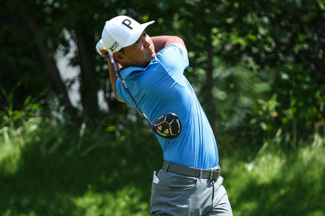 Jul 28, 2023; Blaine, Minnesota, USA; Justin Suh hits his tee shot on the sixth hole during the second round of the 3M Open golf tournament. Mandatory Credit: Matt Krohn-USA TODAY Sports