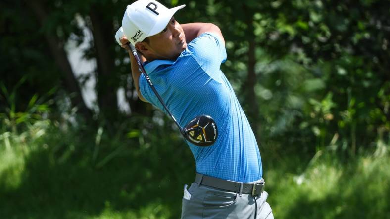 Jul 28, 2023; Blaine, Minnesota, USA; Justin Suh hits his tee shot on the sixth hole during the second round of the 3M Open golf tournament. Mandatory Credit: Matt Krohn-USA TODAY Sports