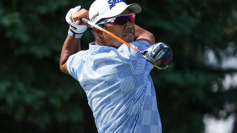 Jul 29, 2023; Blaine, Minnesota, USA; Hideki Matsuyama hits his tee shot on the second hole during the third round of the 3M Open golf tournament. Mandatory Credit: Matt Krohn-USA TODAY Sports