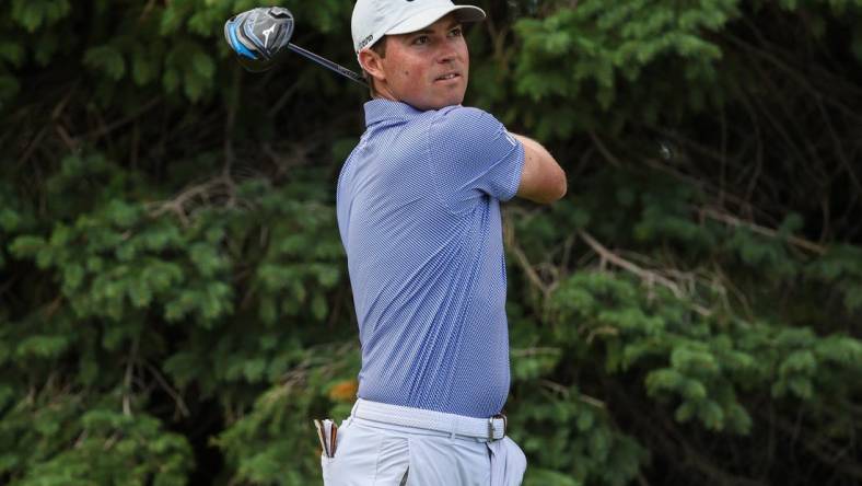 Jul 30, 2023; Blaine, Minnesota, USA; Ben Griffin hits his tee shot on the second hole during the final round of the 3M Open golf tournament. Mandatory Credit: Matt Krohn-USA TODAY Sports