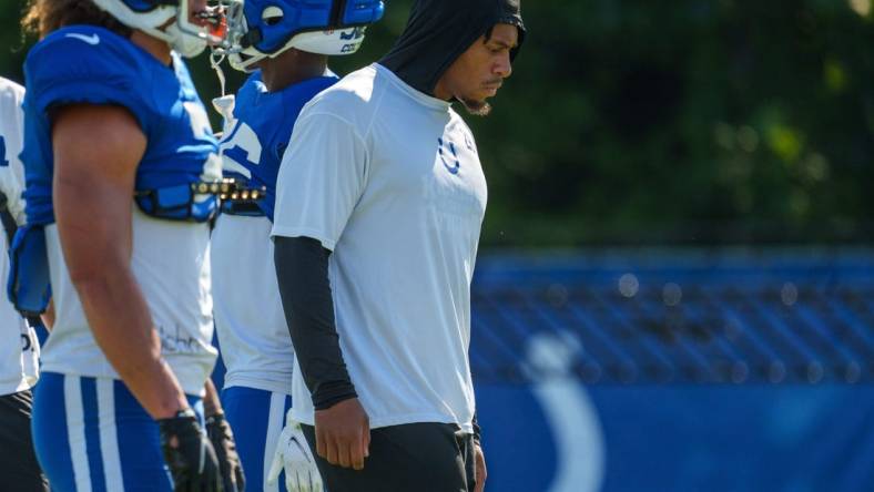 Indianapolis Colts running back Jonathan Taylor (28) stands near other running backs during drills Monday, July 31, 2023, during training camp at the Grand Park Sports Campus in Westfield, Indiana.