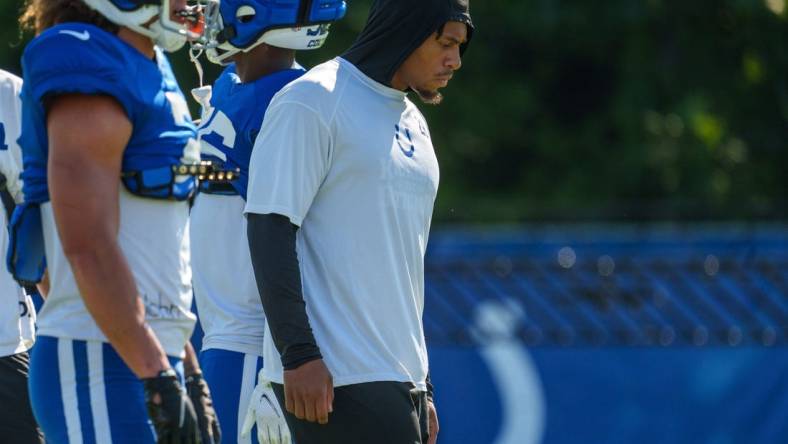 July 31, 2023; Westfield, IN, USA; Indianapolis Colts running back Jonathan Taylor (28) stands near other running backs during drills Monday, July 31, 2023, during training camp at the Grand Park Sports Campus in Westfield, Indiana. Mandatory Credit: Mykal McEldowney-USA TODAY Sports