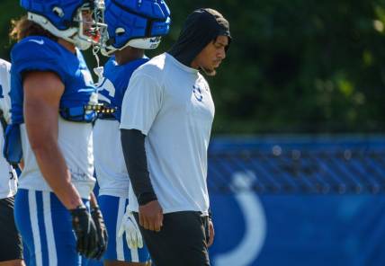 July 31, 2023; Westfield, IN, USA; Indianapolis Colts running back Jonathan Taylor (28) stands near other running backs during drills Monday, July 31, 2023, during training camp at the Grand Park Sports Campus in Westfield, Indiana. Mandatory Credit: Mykal McEldowney-USA TODAY Sports
