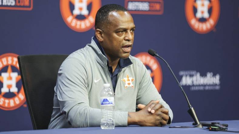 Aug 1, 2023; Houston, Texas, USA; Houston Astros general manager Dana Brown speaks with media before the game against the Cleveland Guardians at Minute Maid Park. Mandatory Credit: Troy Taormina-USA TODAY Sports