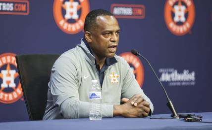 Aug 1, 2023; Houston, Texas, USA; Houston Astros general manager Dana Brown speaks with media before the game against the Cleveland Guardians at Minute Maid Park. Mandatory Credit: Troy Taormina-USA TODAY Sports