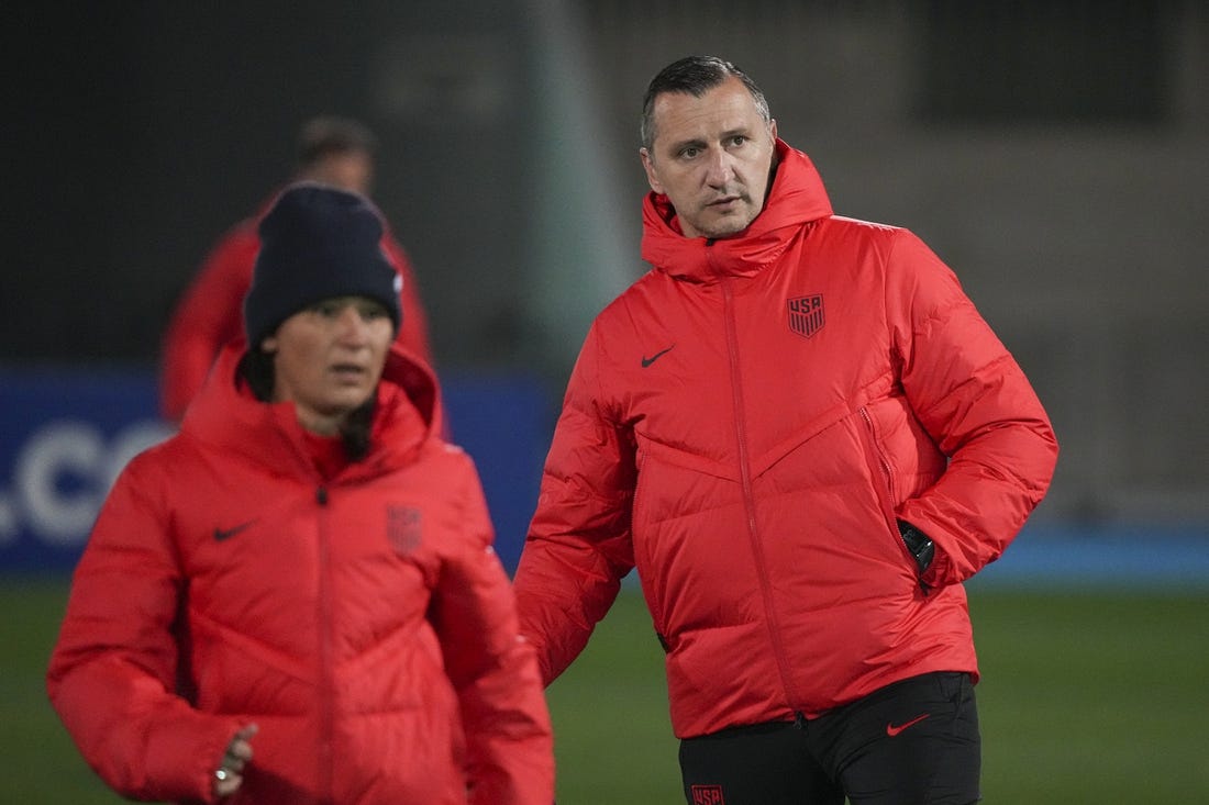 Aug 4, 2023; Melbourne, VIC, AUS;  United States head coach Vlatko Andonovski stands by at the start of team training at Lakeside Stadium ahead of the 2023 FIFA Women's World Cup Round of 16. Mandatory Credit: Jenna Watson-USA TODAY Sports