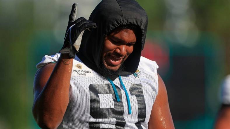 Jacksonville Jaguars defensive end Dawuane Smoot (91) reacts during training camp Monday, Aug. 7, 2023 at Miller Electric Center at EverBank Stadium in Jacksonville, Fla. This was the 11th day of training camp.