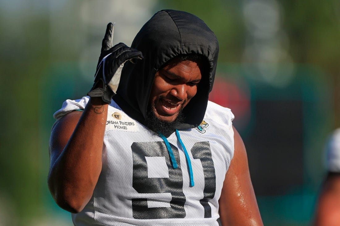 Jacksonville Jaguars defensive end Dawuane Smoot (91) reacts during training camp Monday, Aug. 7, 2023 at Miller Electric Center at EverBank Stadium in Jacksonville, Fla. This was the 11th day of training camp.