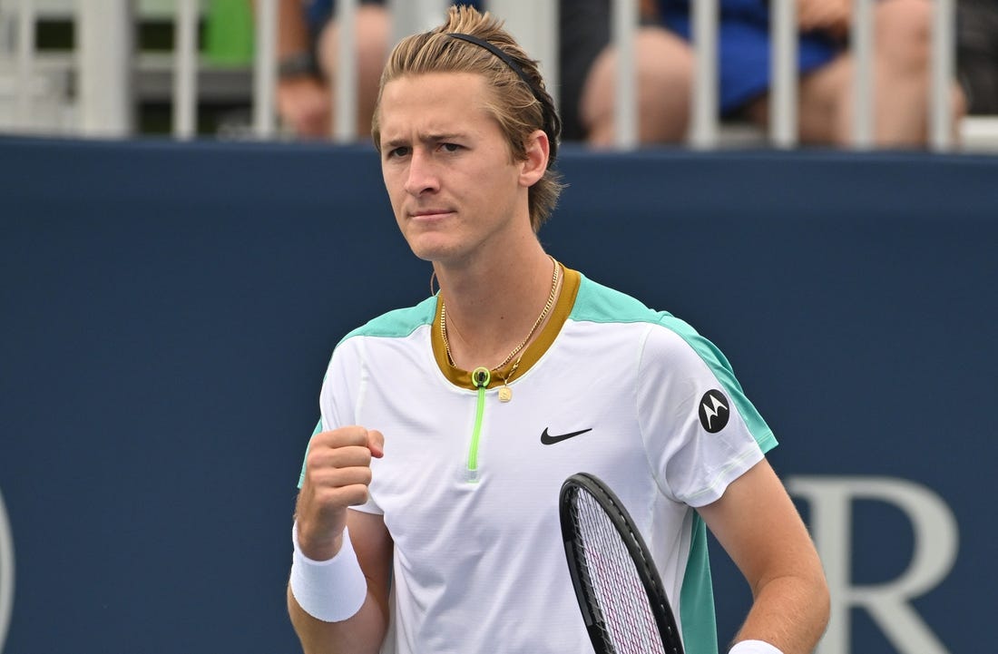 Aug 8, 2023; Toronto, Ontario, Canada;   Sebastian Korda (USA) reacts after winning a point against Tomas Martin Etcheverry (ARG)  (not pictured) in second round play at Sobeys Stadium. Mandatory Credit: Dan Hamilton-USA TODAY Sports