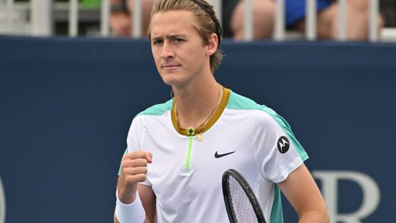 Aug 8, 2023; Toronto, Ontario, Canada;   Sebastian Korda (USA) reacts after winning a point against Tomas Martin Etcheverry (ARG)  (not pictured) in second round play at Sobeys Stadium. Mandatory Credit: Dan Hamilton-USA TODAY Sports