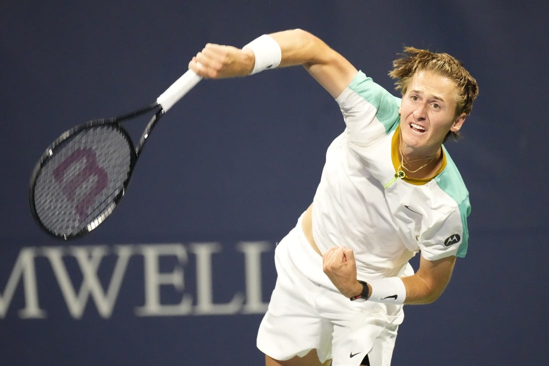 Aug 9, 2023; Toronto, Ontario, Canada; Sebastian Korda (USA) serves a ball to Aleksandar Vukic (not pictured) at Sobeys Stadium. Mandatory Credit: John E. Sokolowski-USA TODAY Sports