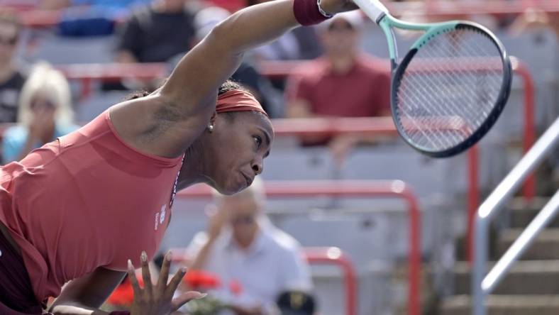 Aug 11, 2023; Montreal, Quebec, Canada; Coco Gauff (USA) serves against Jessica Pegula (USA) (not pictured) during quarterfinal play at IGA Stadium. Mandatory Credit: Eric Bolte-USA TODAY Sports