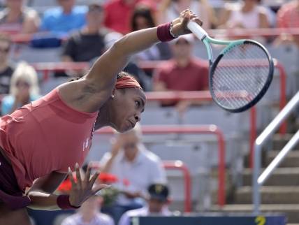 Aug 11, 2023; Montreal, Quebec, Canada; Coco Gauff (USA) serves against Jessica Pegula (USA) (not pictured) during quarterfinal play at IGA Stadium. Mandatory Credit: Eric Bolte-USA TODAY Sports