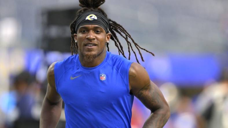 Aug 12, 2023; Inglewood, California, USA;  Los Angeles Rams wide receiver Demarcus Robinson (15) warms up prior to the game against the Los Angeles Chargers at SoFi Stadium. Mandatory Credit: Jayne Kamin-Oncea-USA TODAY Sports