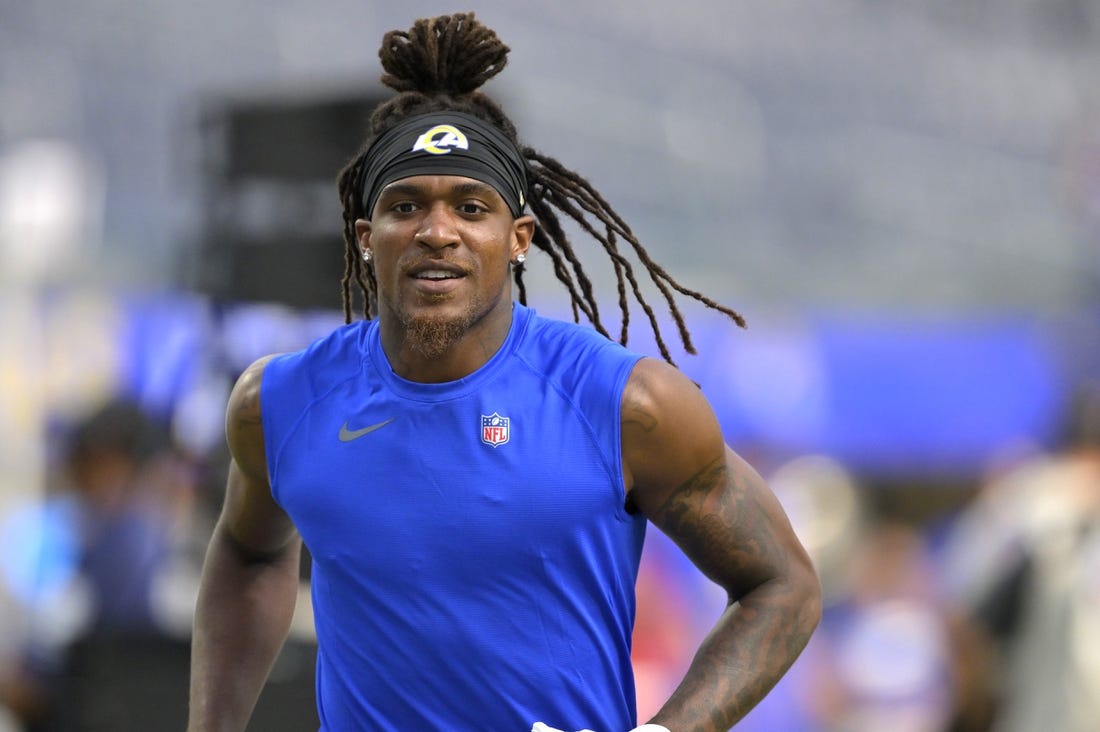 Aug 12, 2023; Inglewood, California, USA;  Los Angeles Rams wide receiver Demarcus Robinson (15) warms up prior to the game against the Los Angeles Chargers at SoFi Stadium. Mandatory Credit: Jayne Kamin-Oncea-USA TODAY Sports