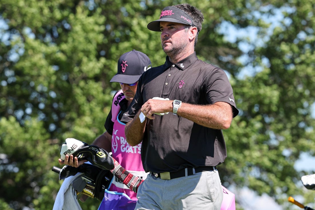 Aug 13, 2023; Bedminster, New Jersey, USA; Bubba Watson walks off the tee box after playing his shot from the tenth tee during the final round of the LIV Golf Bedminster golf tournament at Trump National Bedminster. Mandatory Credit: Vincent Carchietta-USA TODAY Sports