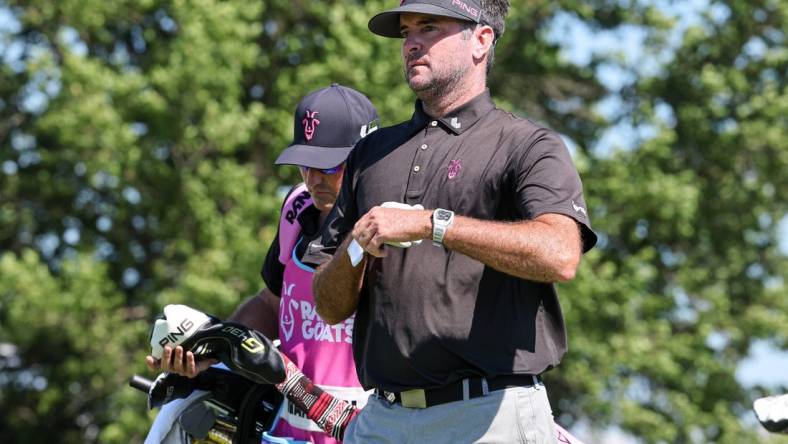 Aug 13, 2023; Bedminster, New Jersey, USA; Bubba Watson walks off the tee box after playing his shot from the tenth tee during the final round of the LIV Golf Bedminster golf tournament at Trump National Bedminster. Mandatory Credit: Vincent Carchietta-USA TODAY Sports