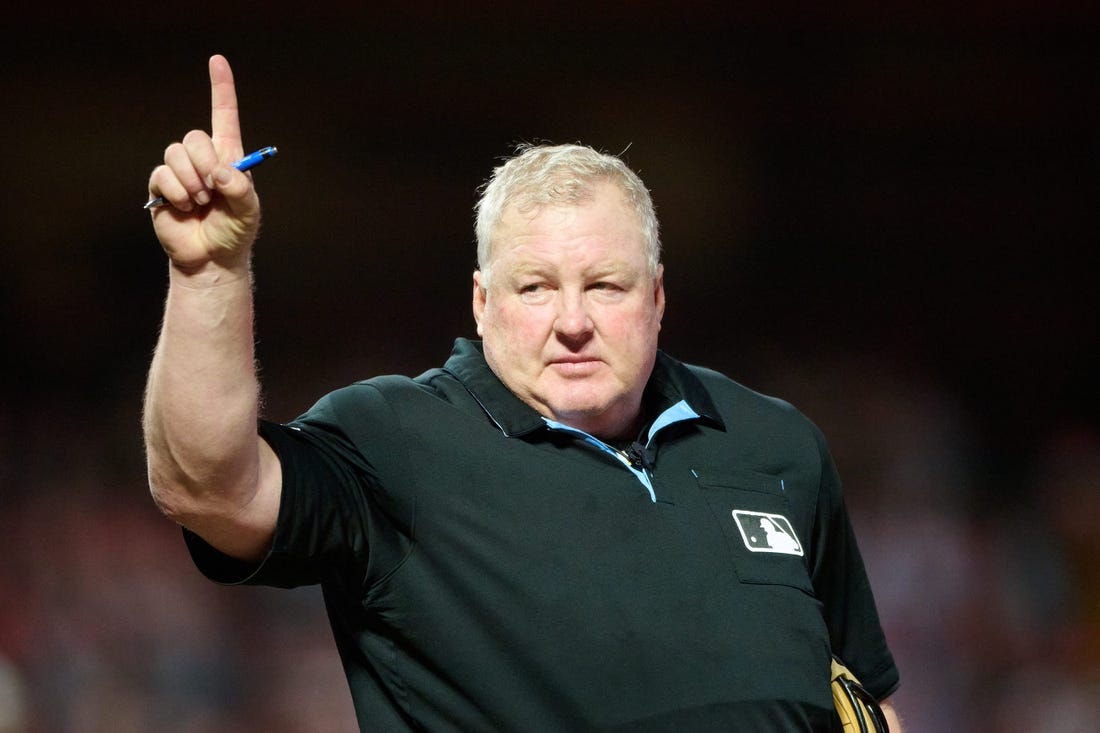 Aug 14, 2023; San Francisco, California, USA; Home plate umpire Bill Miller (26) gestures before the start of the sixth inning between the San Francisco Giants and the Tampa Bay Rays at Oracle Park. Mandatory Credit: Robert Edwards-USA TODAY Sports