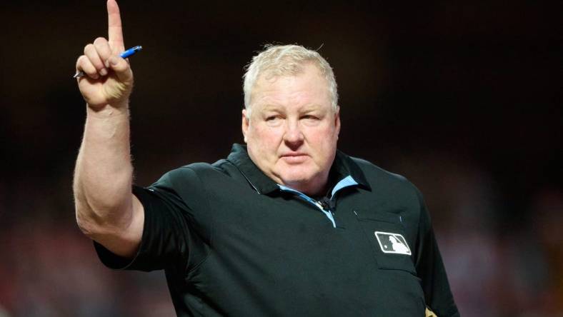 Aug 14, 2023; San Francisco, California, USA; Home plate umpire Bill Miller (26) gestures before the start of the sixth inning between the San Francisco Giants and the Tampa Bay Rays at Oracle Park. Mandatory Credit: Robert Edwards-USA TODAY Sports