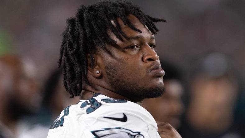 Aug 17, 2023; Philadelphia, Pennsylvania, USA; Philadelphia Eagles defensive tackle Jalen Carter (98) looks on during a game against the Cleveland Browns at Lincoln Financial Field. Mandatory Credit: Bill Streicher-USA TODAY Sports