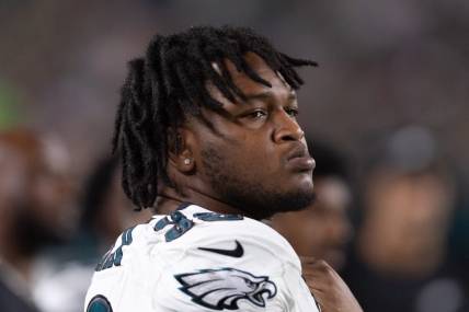 Aug 17, 2023; Philadelphia, Pennsylvania, USA; Philadelphia Eagles defensive tackle Jalen Carter (98) looks on during a game against the Cleveland Browns at Lincoln Financial Field. Mandatory Credit: Bill Streicher-USA TODAY Sports
