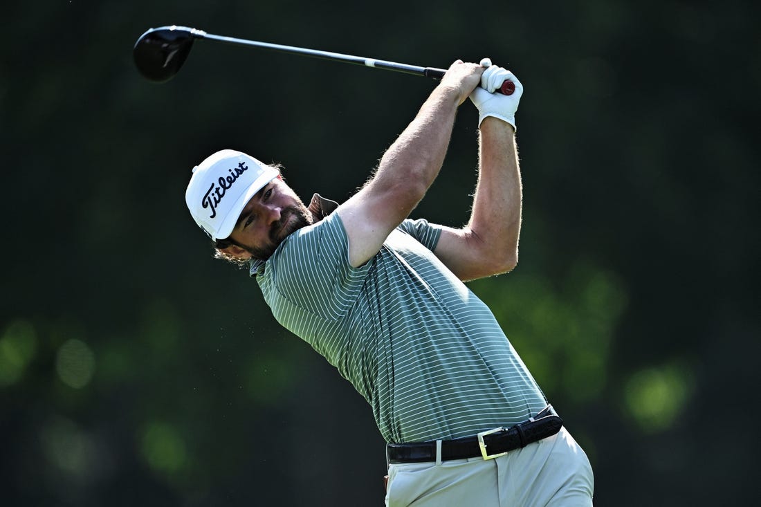 Aug 18, 2023; Olympia Fields, Illinois, USA; Cameron Young tees off from the 7th tee during the second round of the BMW Championship golf tournament. Mandatory Credit: Jamie Sabau-USA TODAY Sports