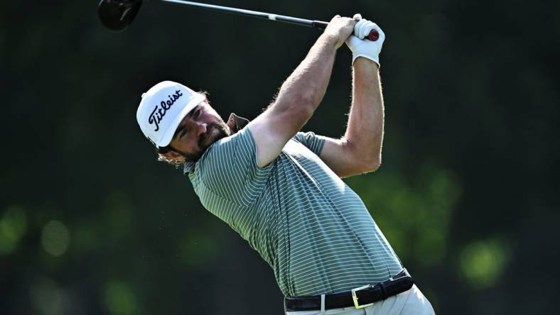 Aug 18, 2023; Olympia Fields, Illinois, USA; Cameron Young tees off from the 7th tee during the second round of the BMW Championship golf tournament. Mandatory Credit: Jamie Sabau-USA TODAY Sports