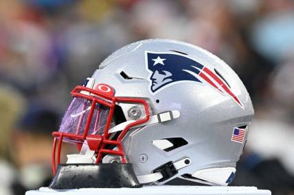 Aug 10, 2023; Foxborough, Massachusetts, USA; A New England Patriots helmet sits on the sideline during the first half against the Houston Texans at Gillette Stadium. Mandatory Credit: Eric Canha-USA TODAY Sports