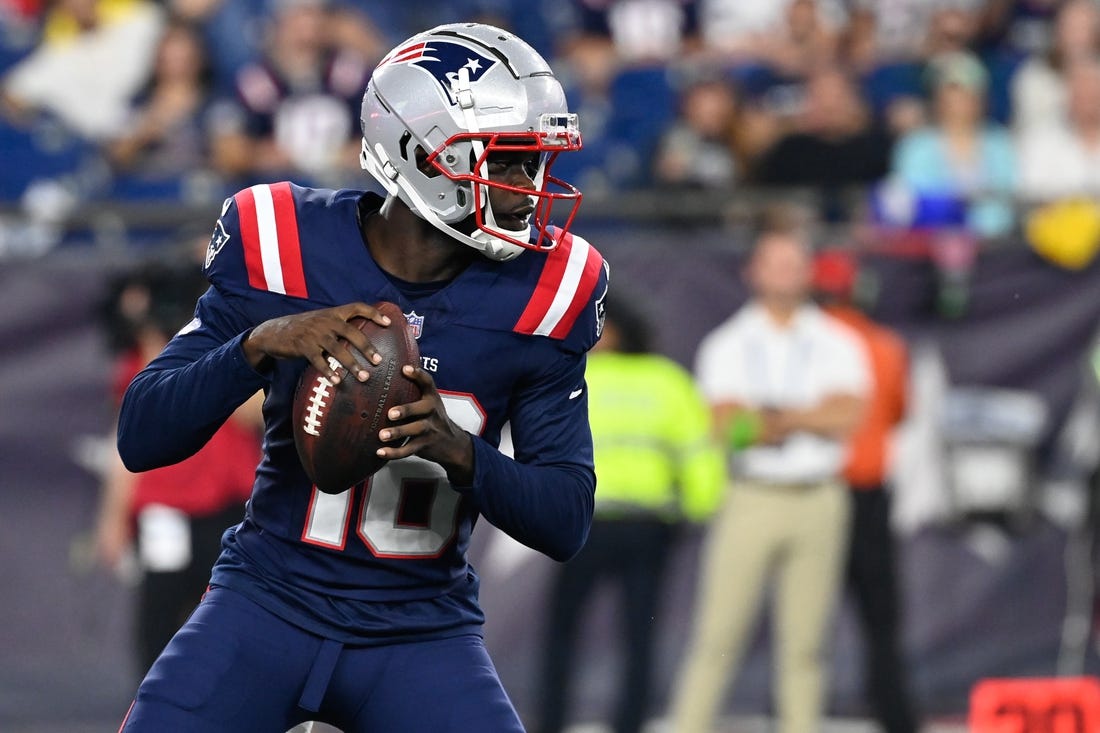 Aug 10, 2023; Foxborough, Massachusetts, USA; New England Patriots quarterback Malik Cunningham (16) during the second half against the New England Patriots at Gillette Stadium. Mandatory Credit: Eric Canha-USA TODAY Sports