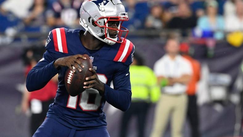 Aug 10, 2023; Foxborough, Massachusetts, USA; New England Patriots quarterback Malik Cunningham (16) during the second half against the New England Patriots at Gillette Stadium. Mandatory Credit: Eric Canha-USA TODAY Sports