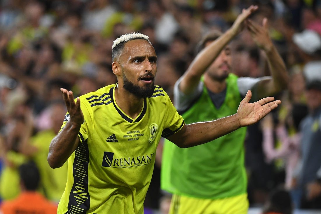 Aug 19, 2023; Nashville, TN, USA; Nashville SC midfielder Hany Mukhtar (10) reacts during the second half for the Leagues Cup Championship match against Inter Miami at GEODIS Park. Mandatory Credit: Christopher Hanewinckel-USA TODAY Sports